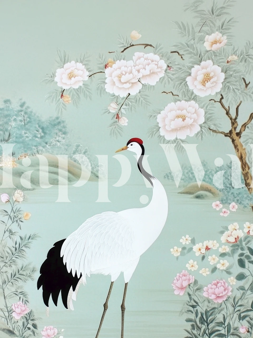 Crane and peony wallpaper in a pastel room