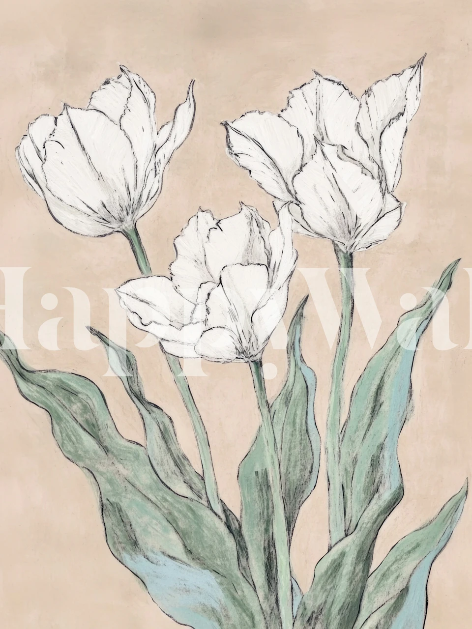 Botanical tulip wallpaper in a neutral tone room