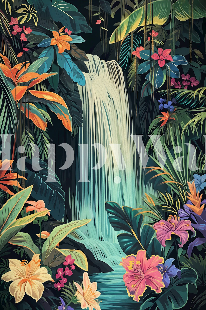 Botanical waterfall wallpaper in a room