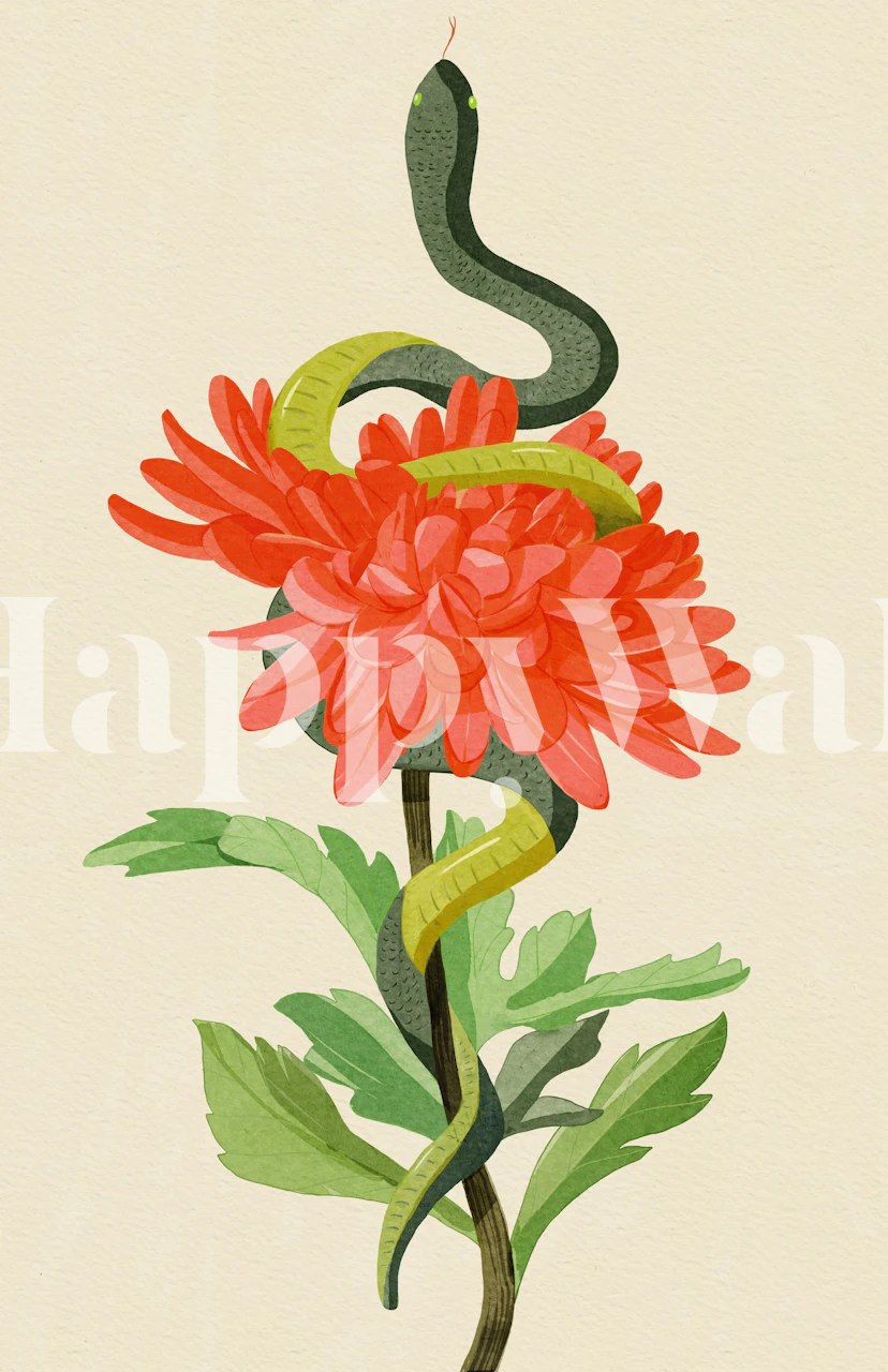 Snake and red chrysanthemum wallpaper in a room
