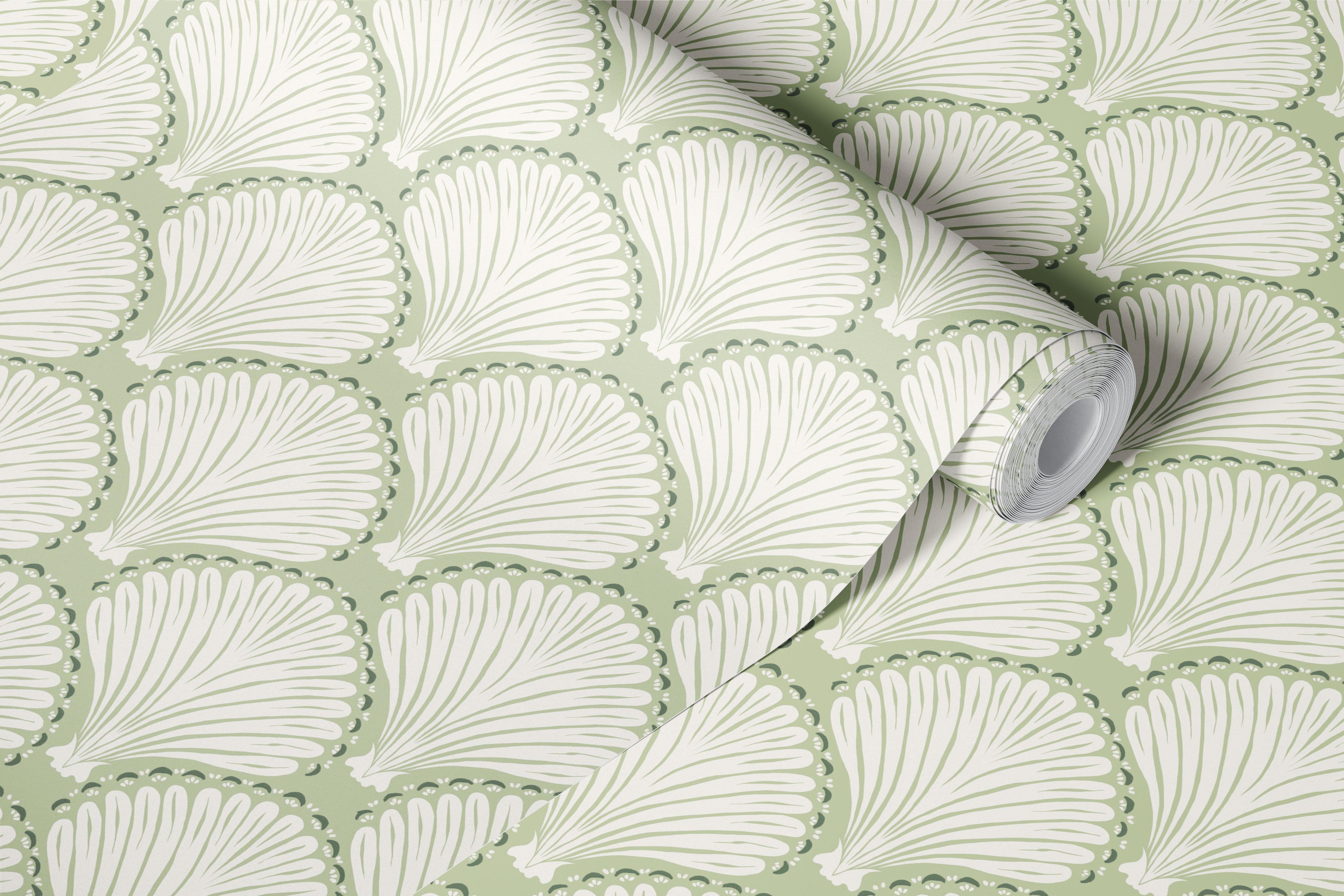 Papel de parede Ogee Seashell em verde menta e sálvia num quarto