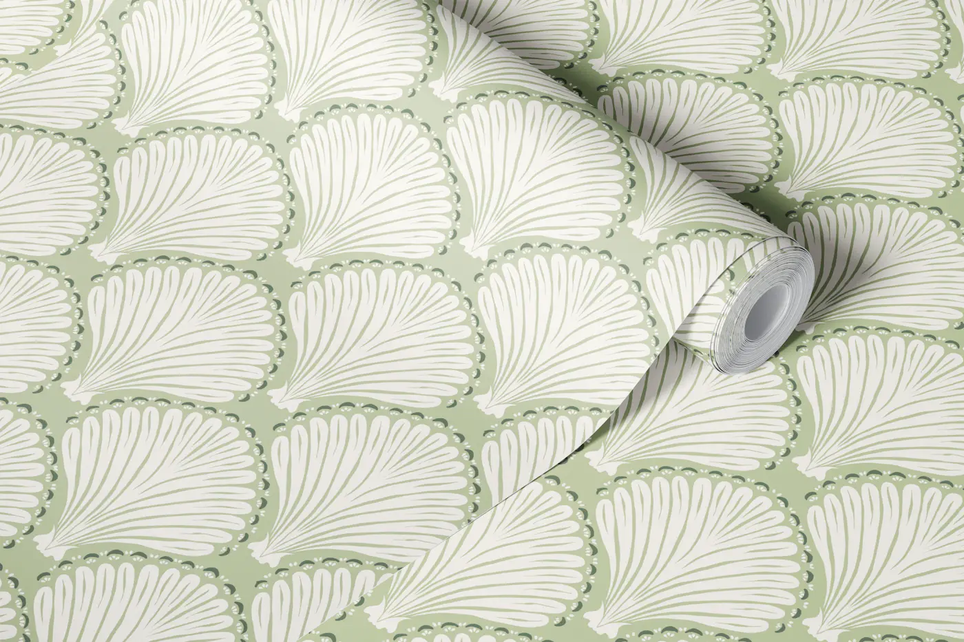 Ogee Seashell Mint Sage green wallpaper roll