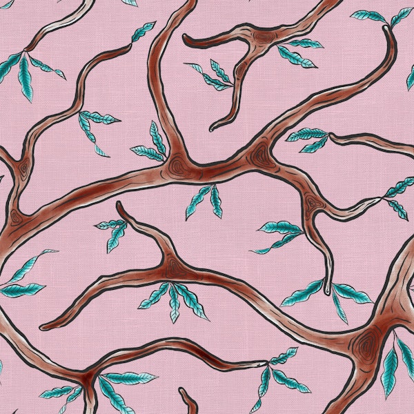 Pink Tree Branches and Teal Leaves