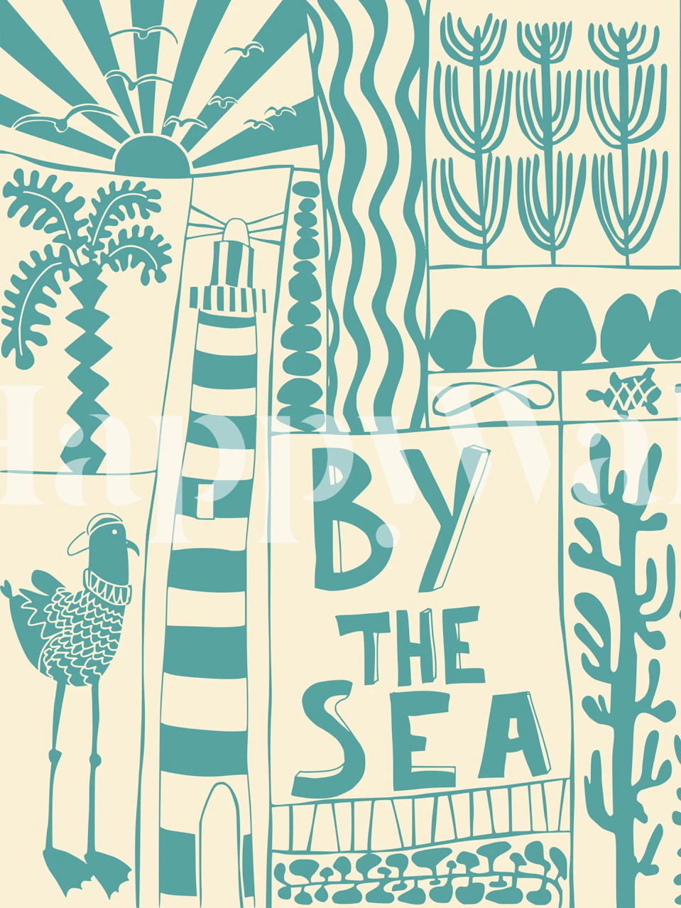 Beach house doodle wallpaper in a room