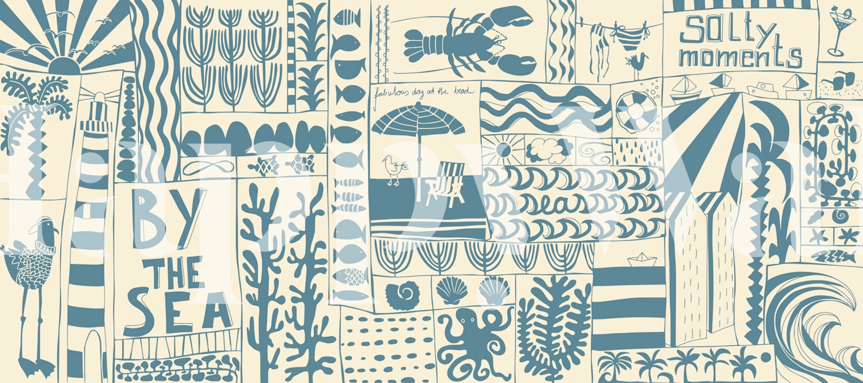 Blue coastal patchwork wallpaper in a room