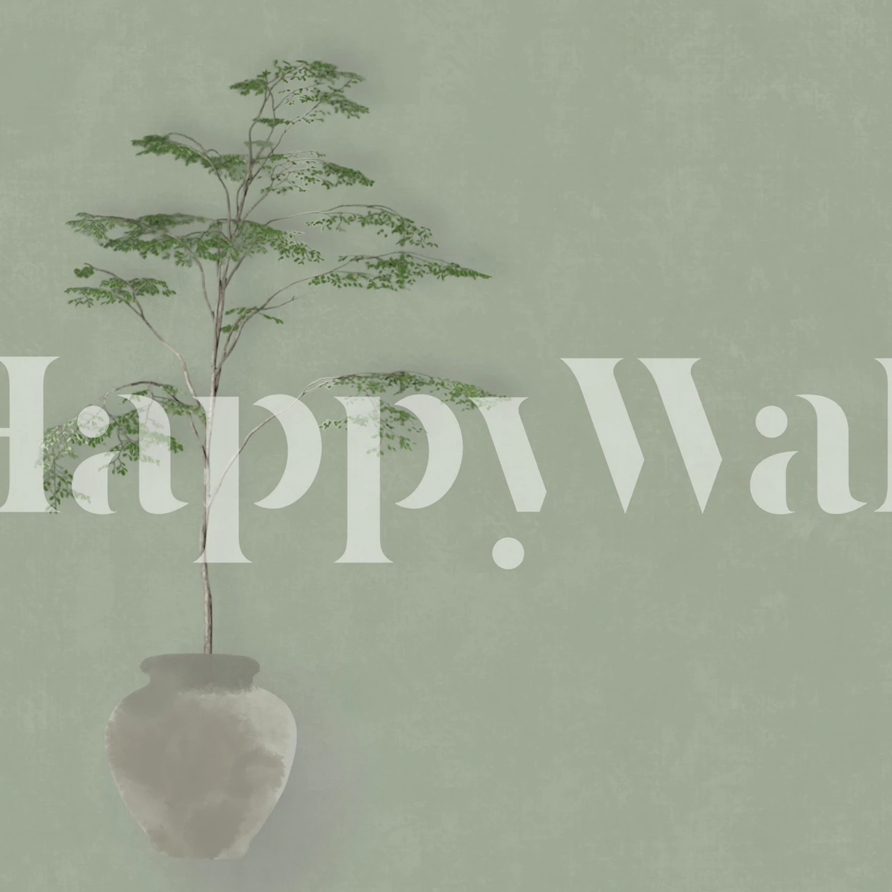 Japandi tree in pot sage green wallpaper room