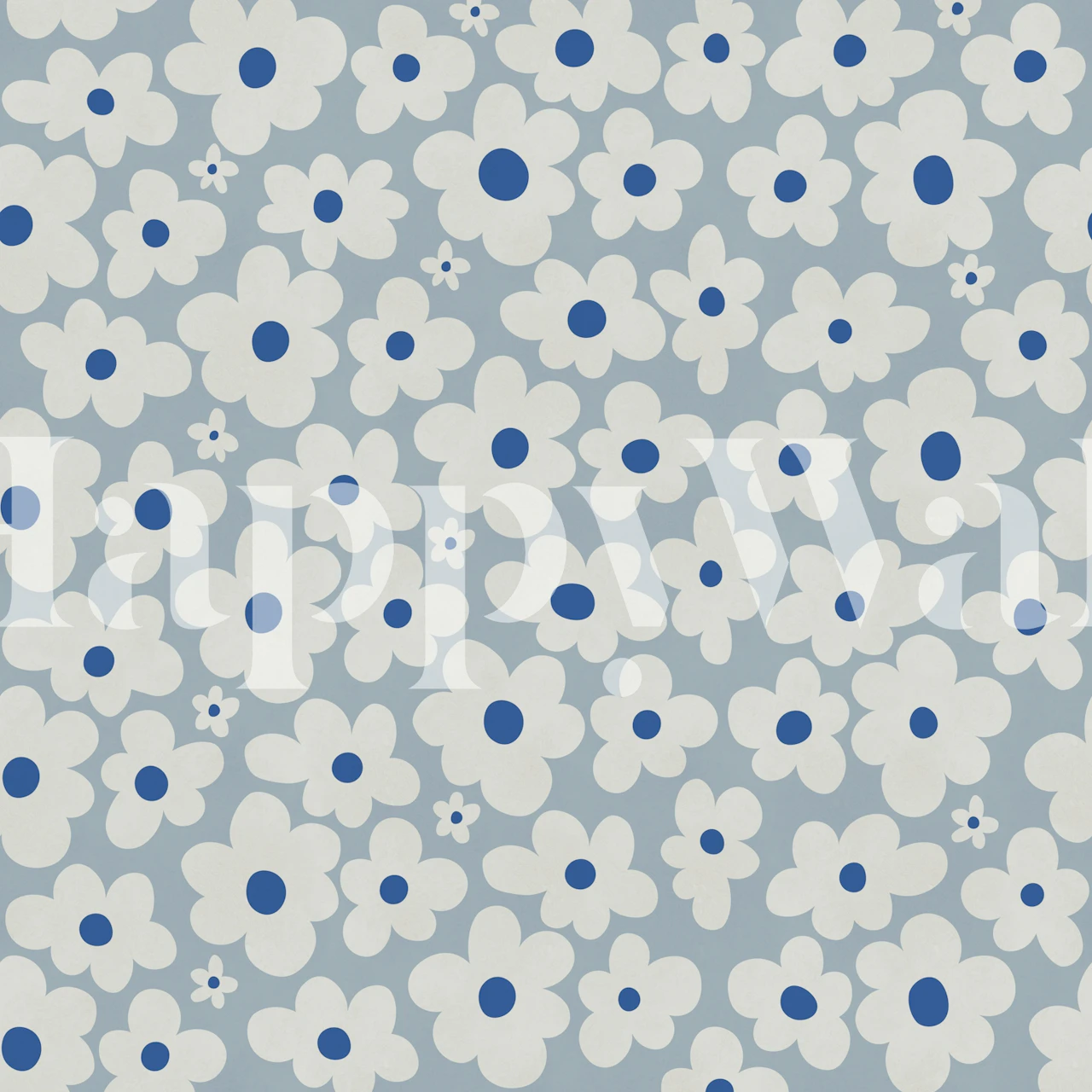 White daisy wallpaper in a blue room