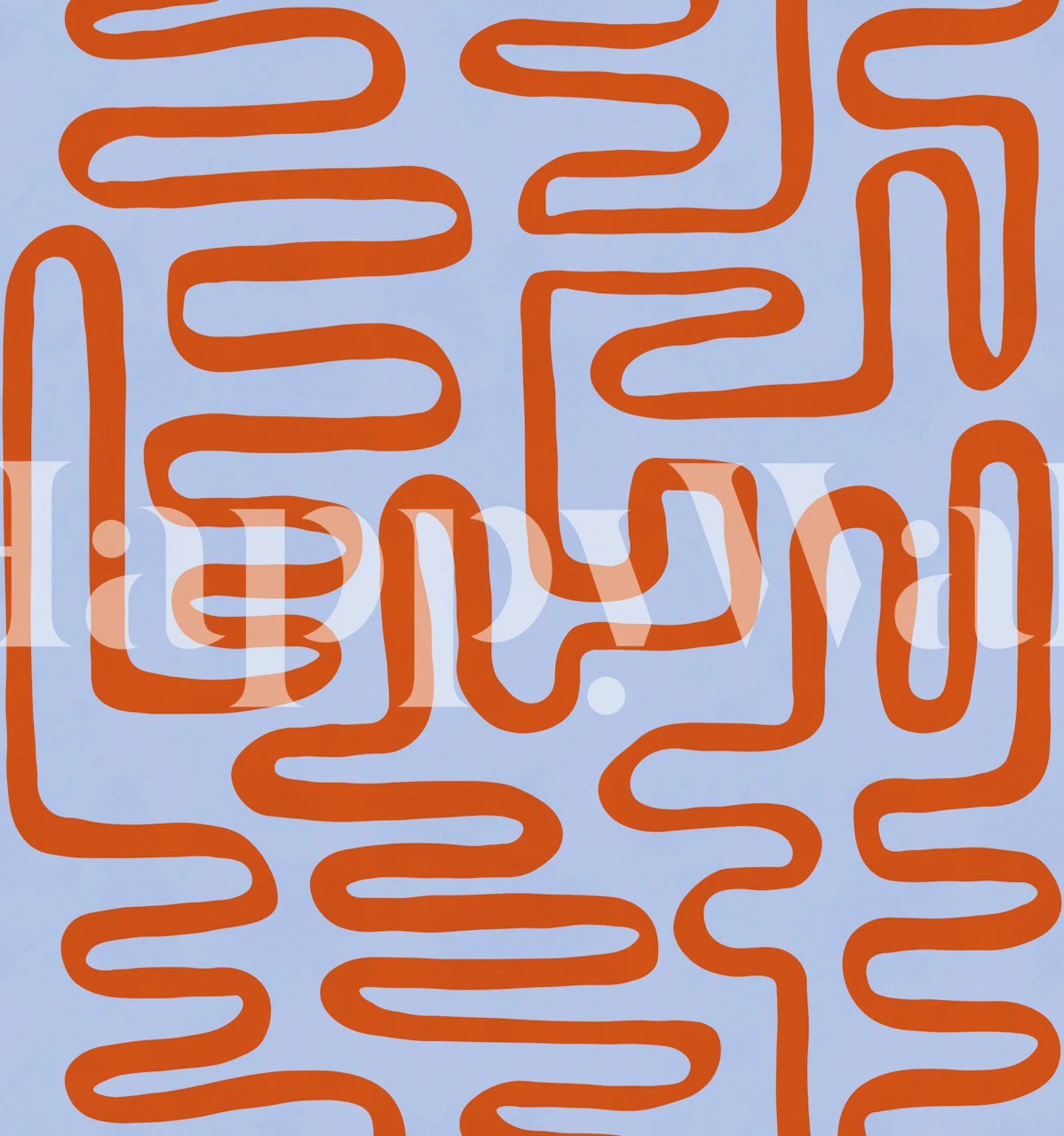 Orange wavy maze line wallpaper in a blue room