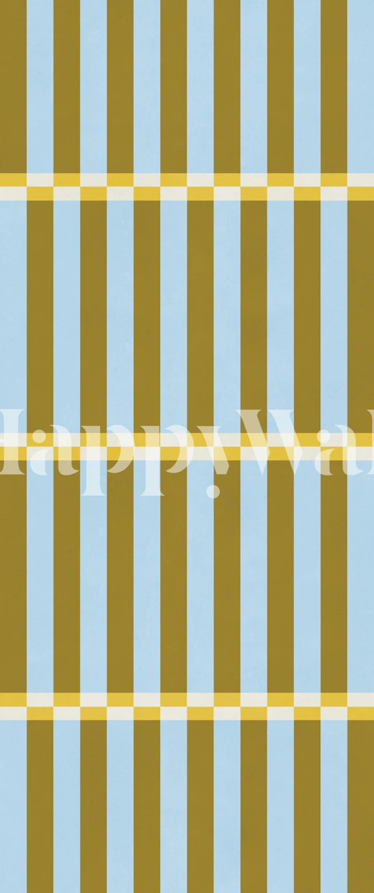Sky blue and mustard striped wallpaper in a room