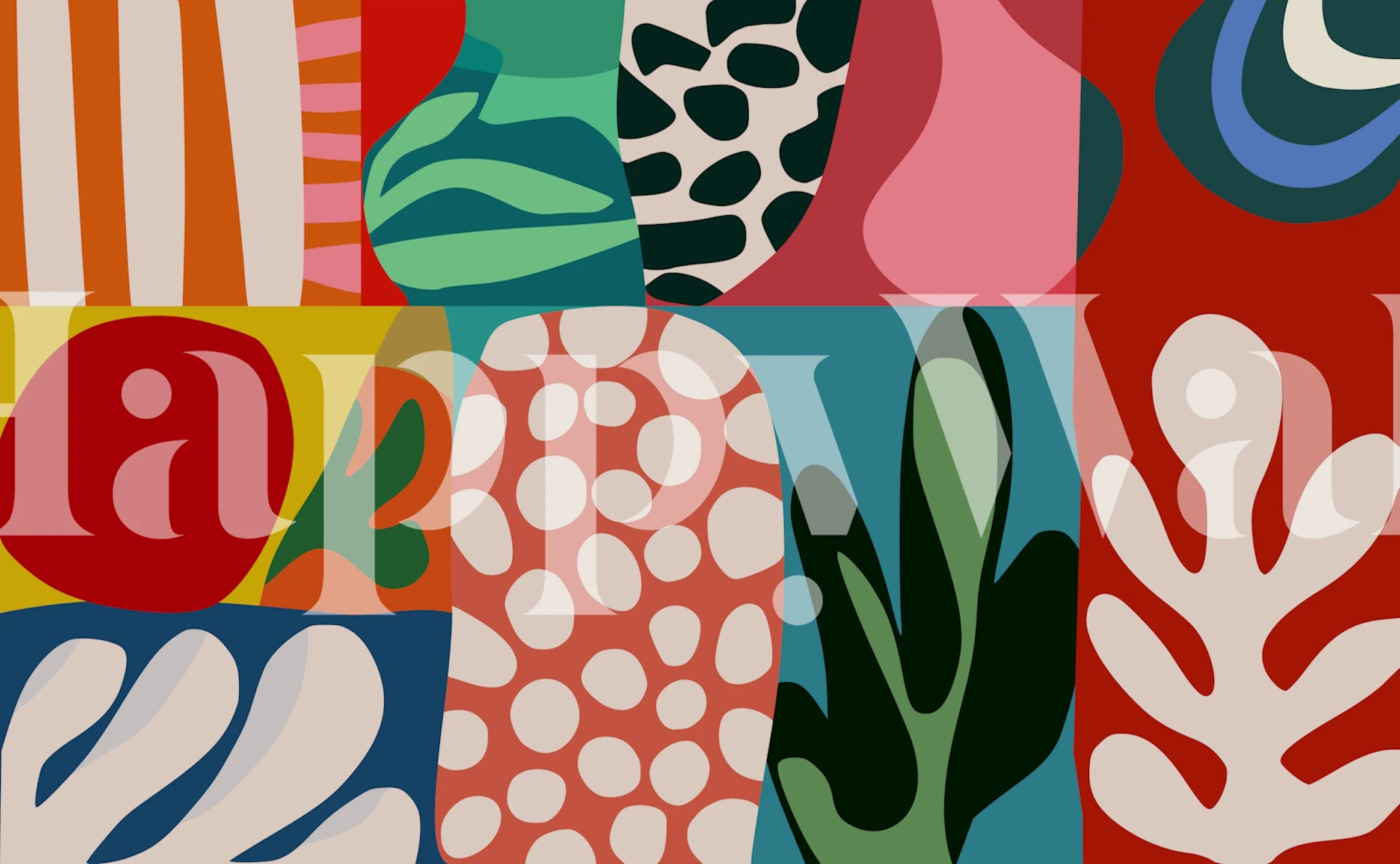 Colorful organic shapes wallpaper in a modern room
