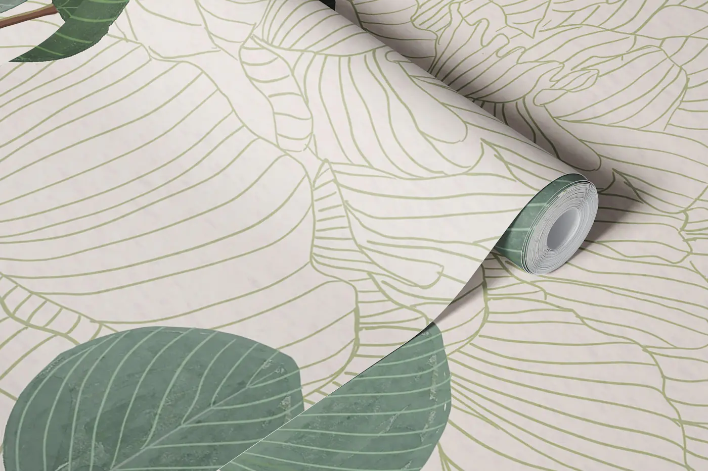 Round Eucalyptus Leaves and Peony Sketch wallpaper roll