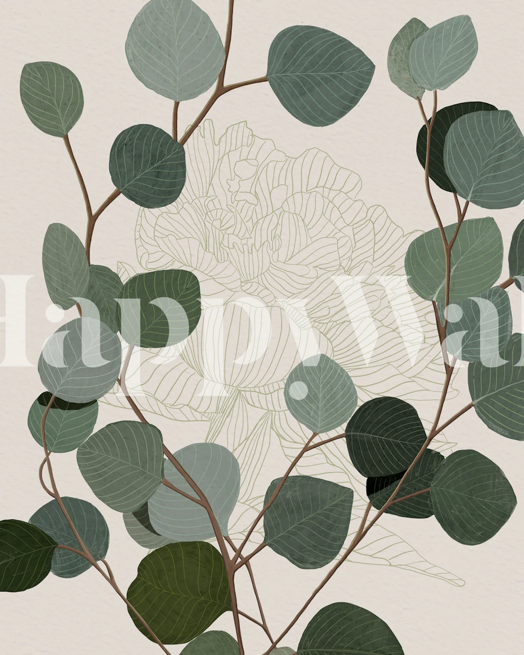 Round eucalyptus leaf wallpaper in a beige room