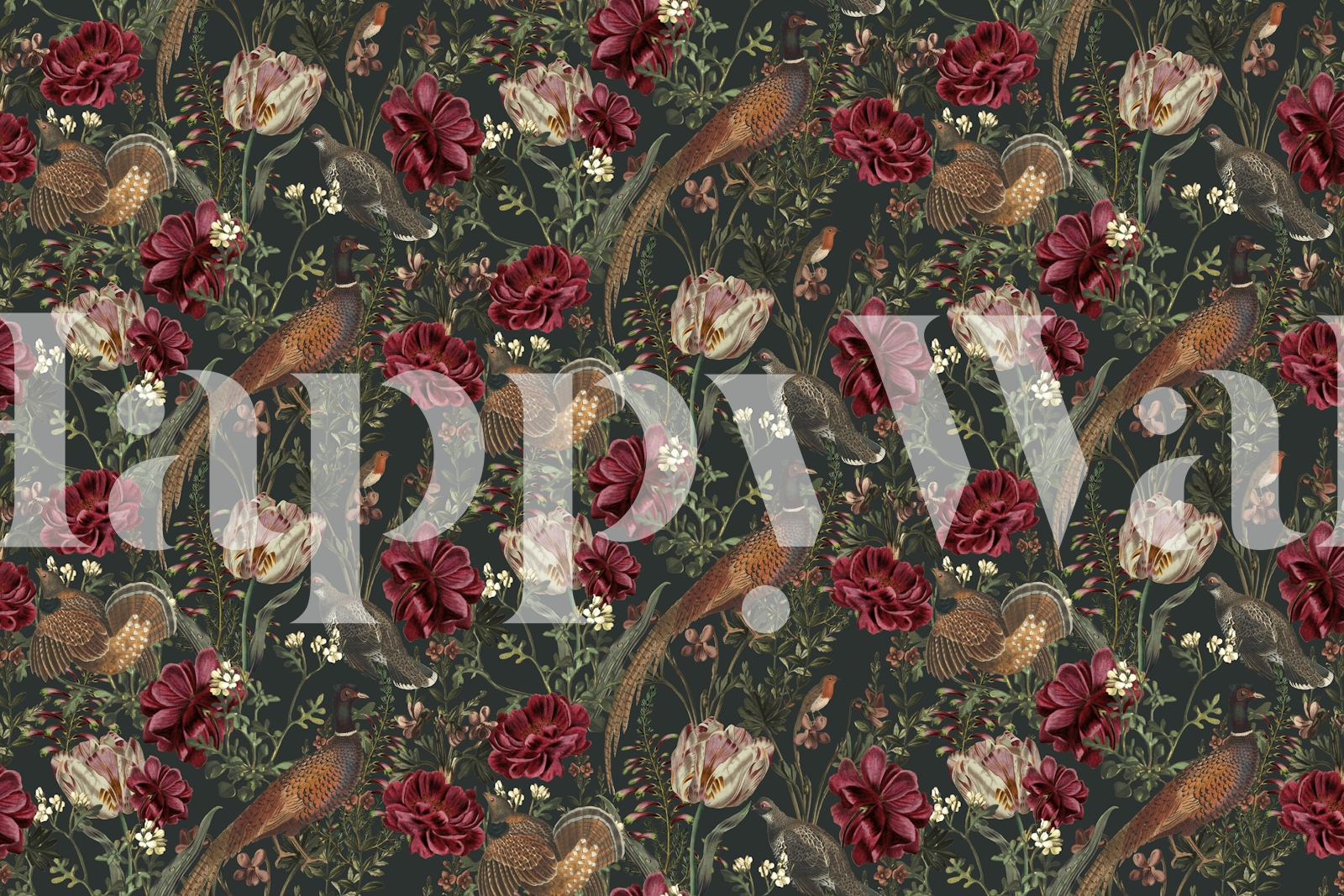 Dark pheasant floral wallpaper in a room