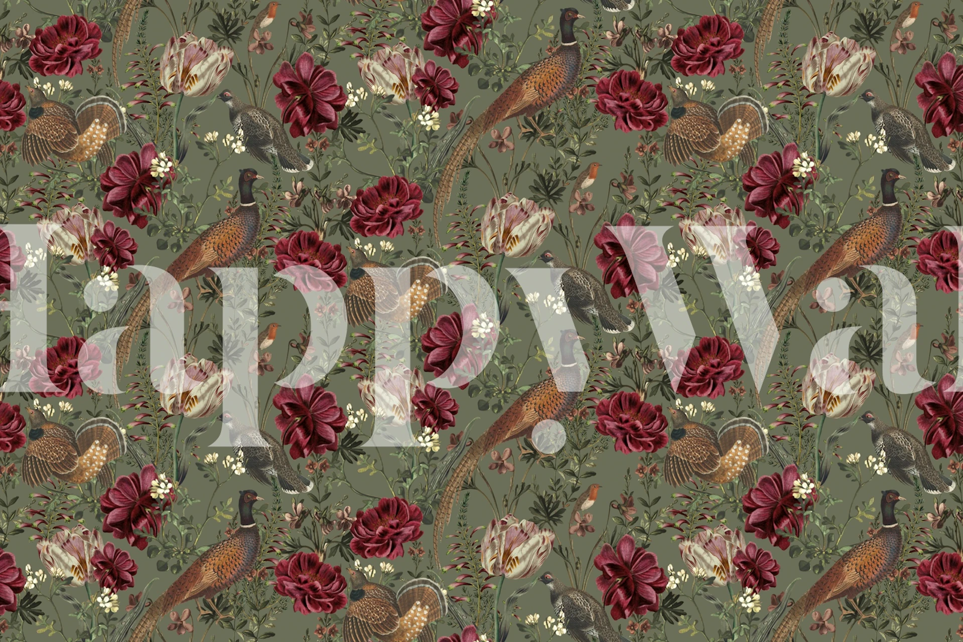Pheasant floral wallpaper in a green room