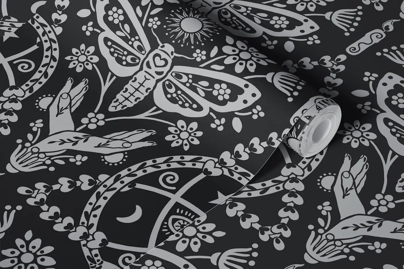 Whimsigothic Celestial Moth - Black Grey wallpaper roll