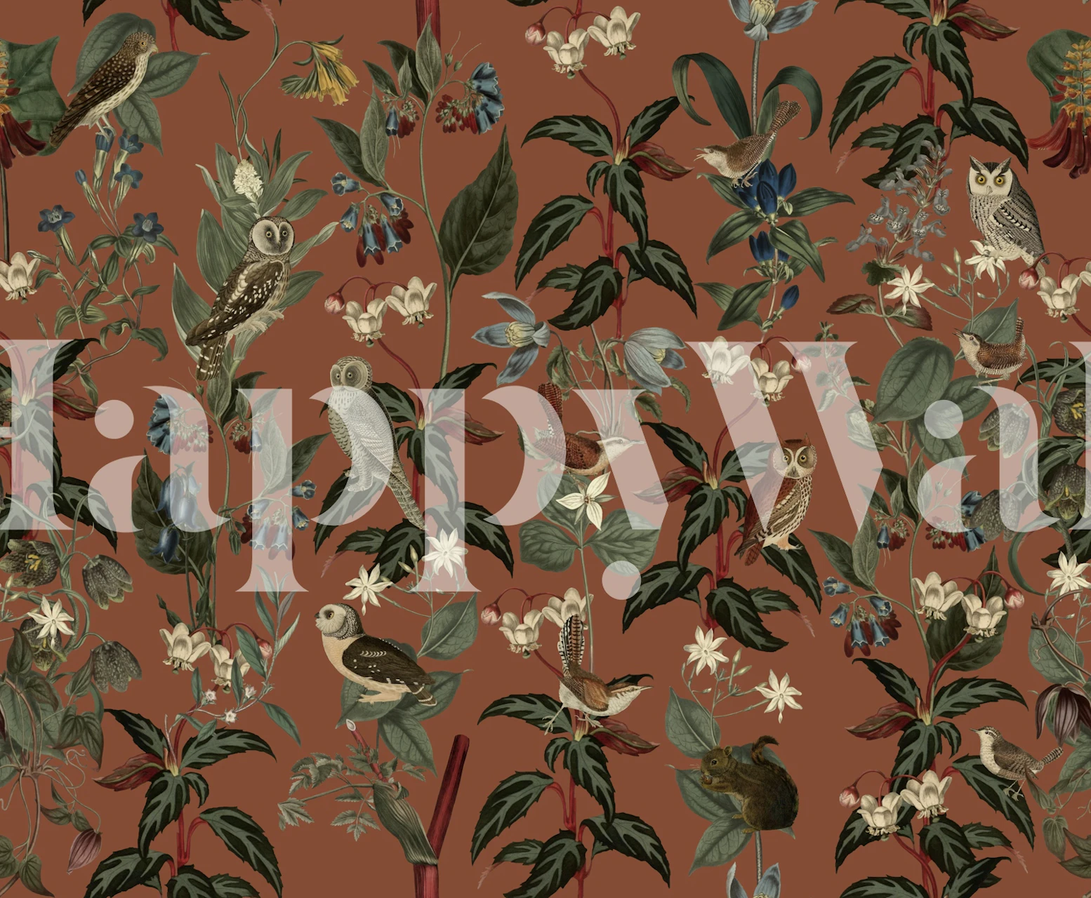Ocher owl wallpaper in a room with birds and flowers