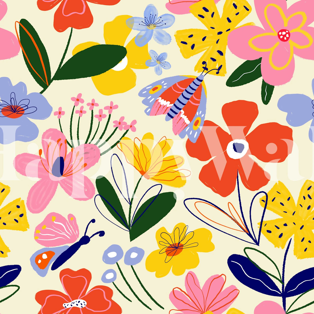 Retro folk blomster-tapet i et farverigt rum