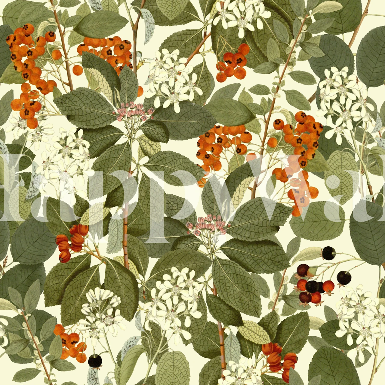 Rowanberry botanical wallpaper in a room