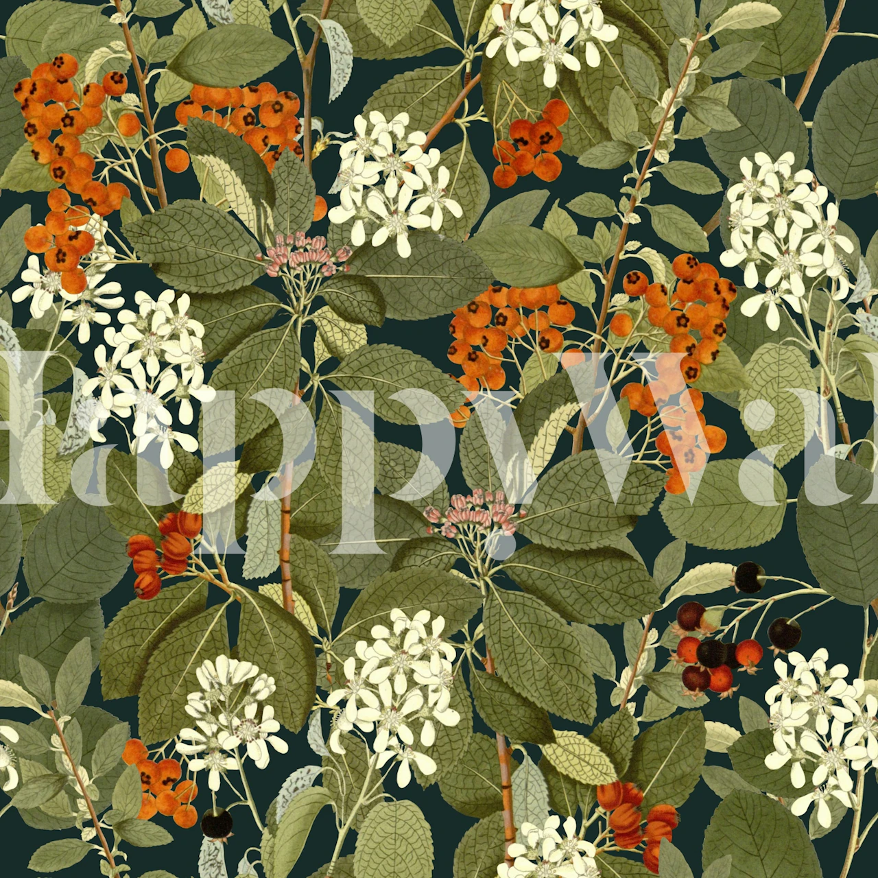 Rowanberry floral wallpaper in a dark room setting