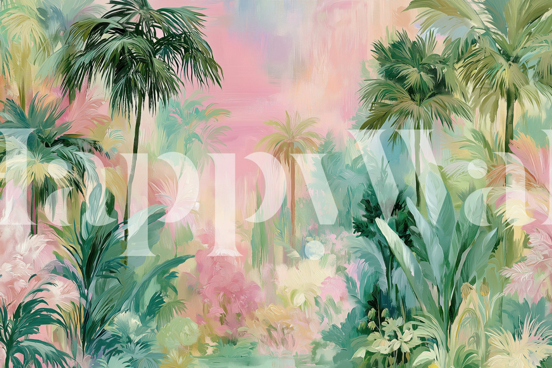 Pastel tropical palm wallpaper in a styled room