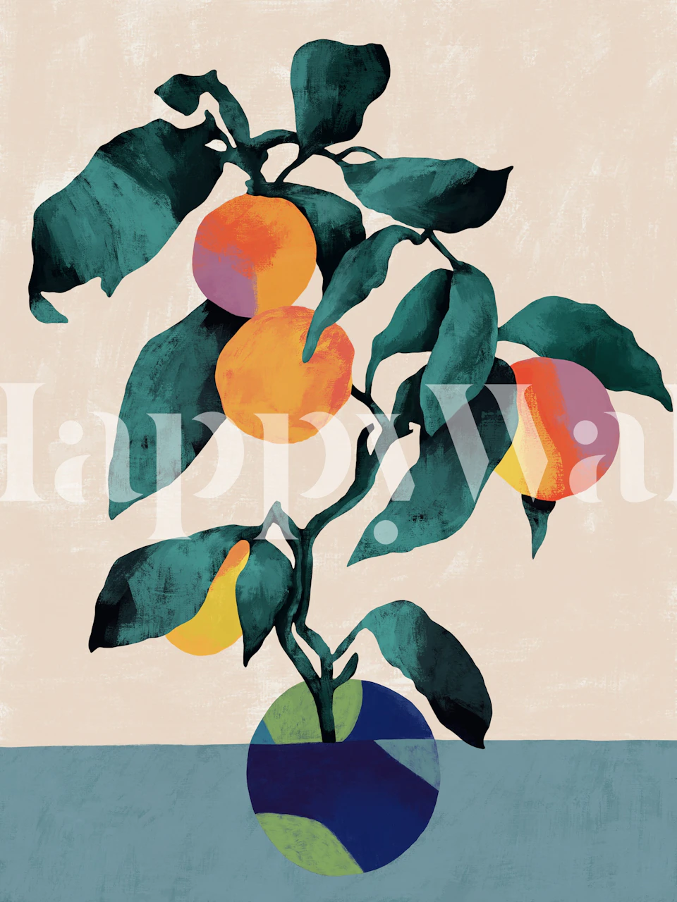 Modern citrus branch wallpaper in a styled room