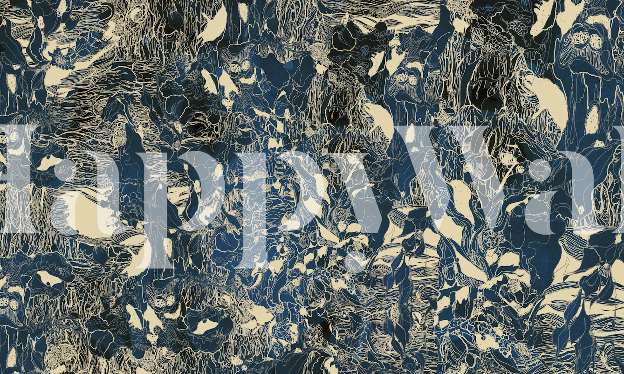 Indigo floral wallpaper in a room