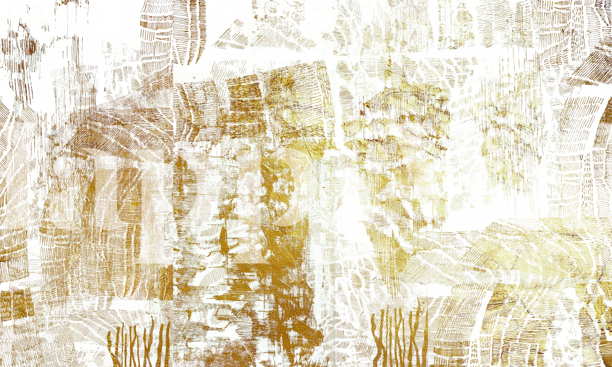 Golden brushstroke wallpaper in a neutral room