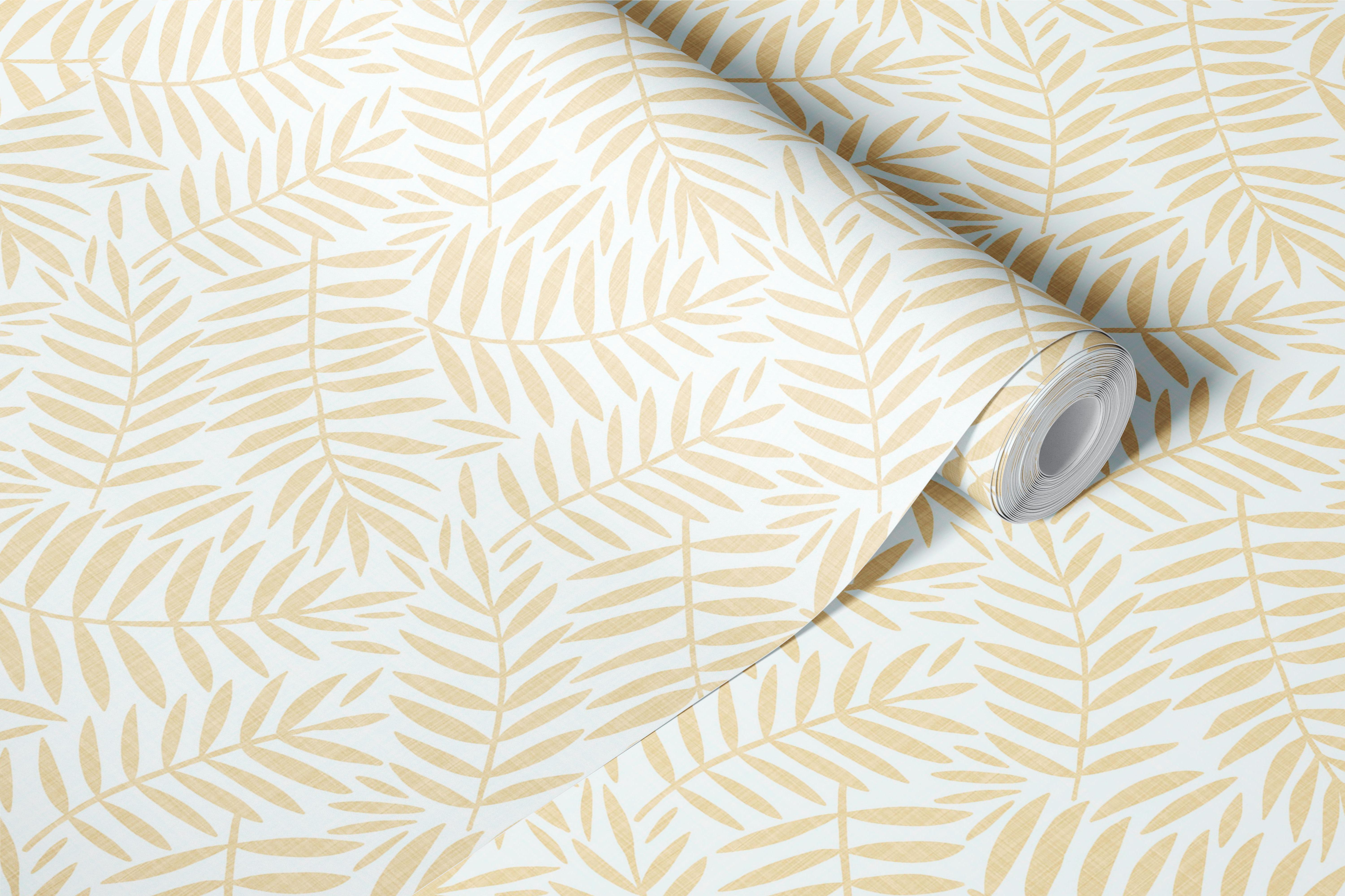 Beige palm fronds wallpaper in a neutral room