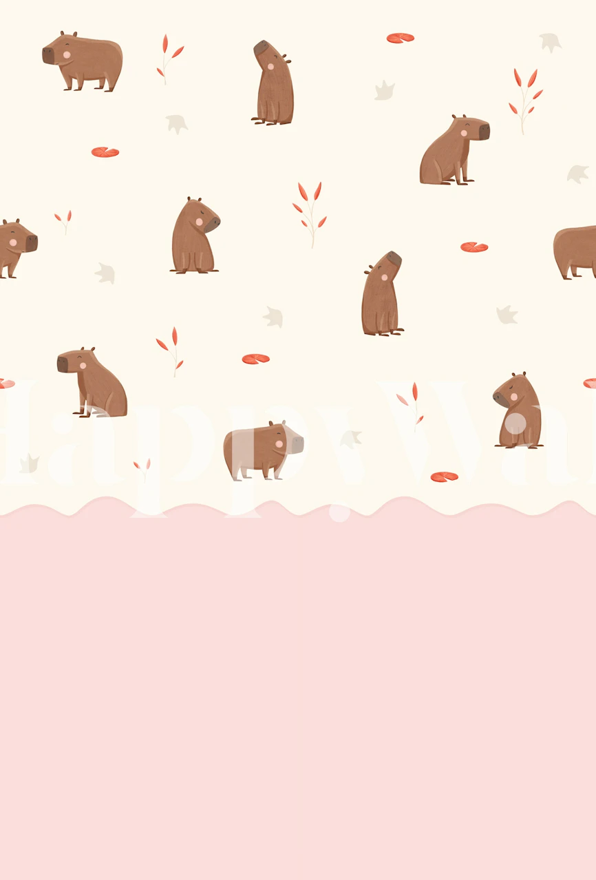 Cute capybara nursery wallpaper in pink room