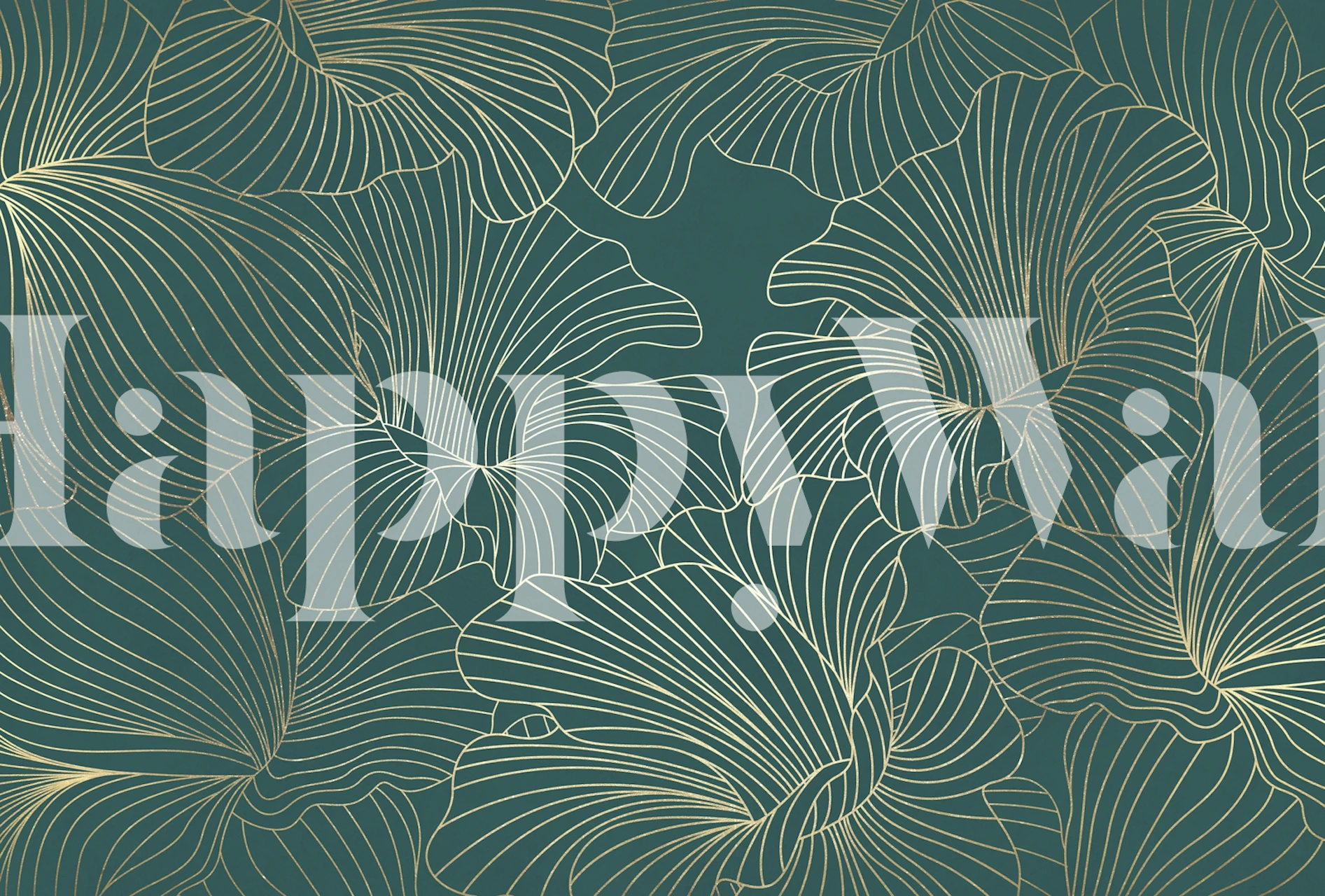 Teal and gold botanical wallpaper in a room