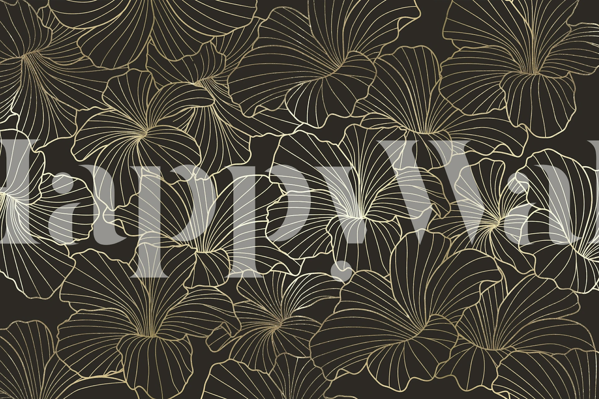 Gold hibiscus wallpaper in a black room