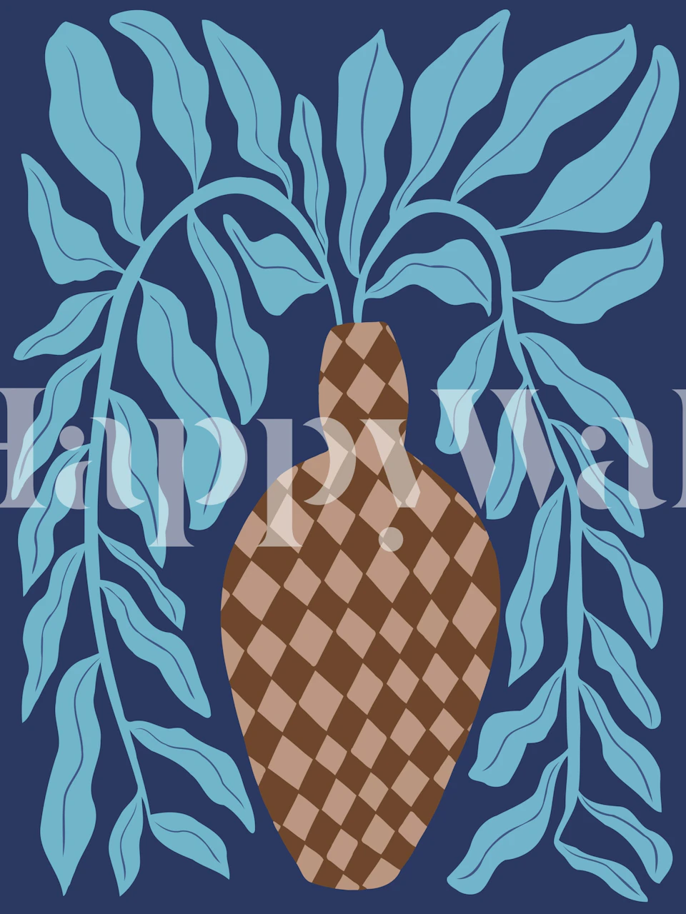 Blue fern pottery wallpaper in a styled room