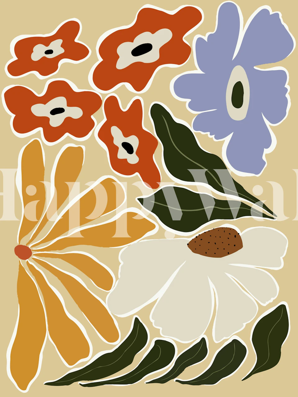Mid-century floral wallpaper in a styled room