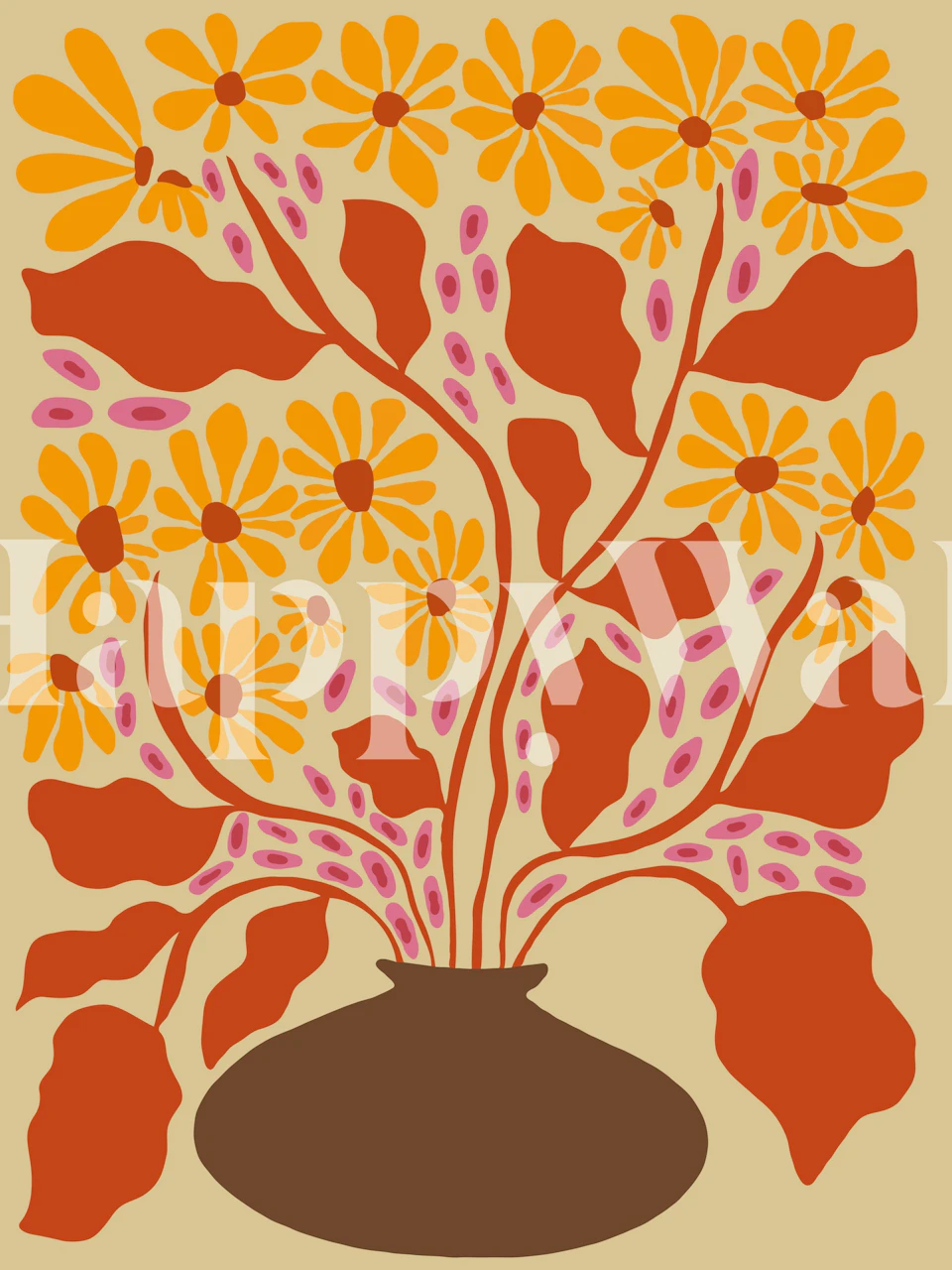 Retro floral pottery wallpaper in a room