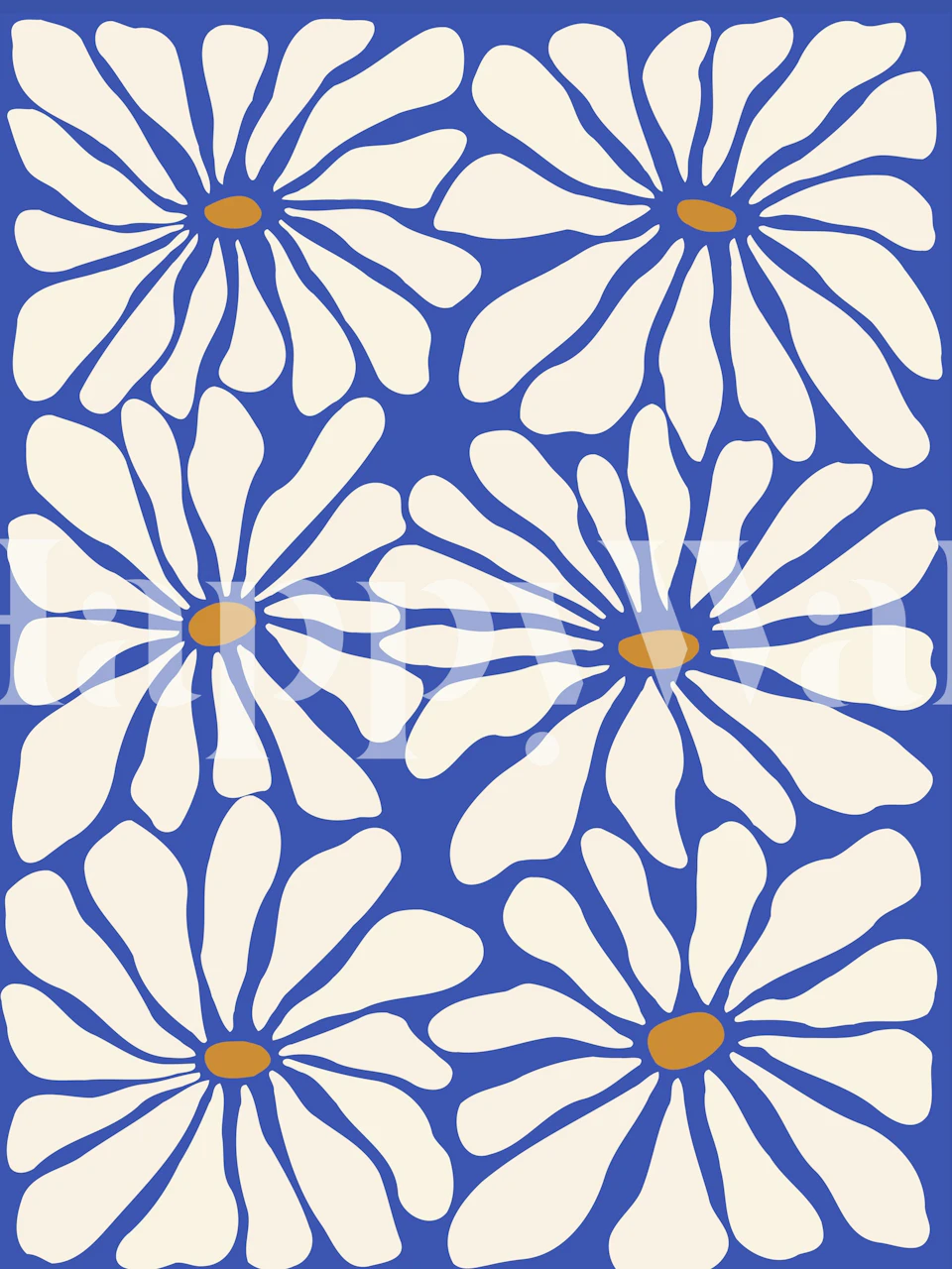 Blue floral wallpaper in a room with white daisies