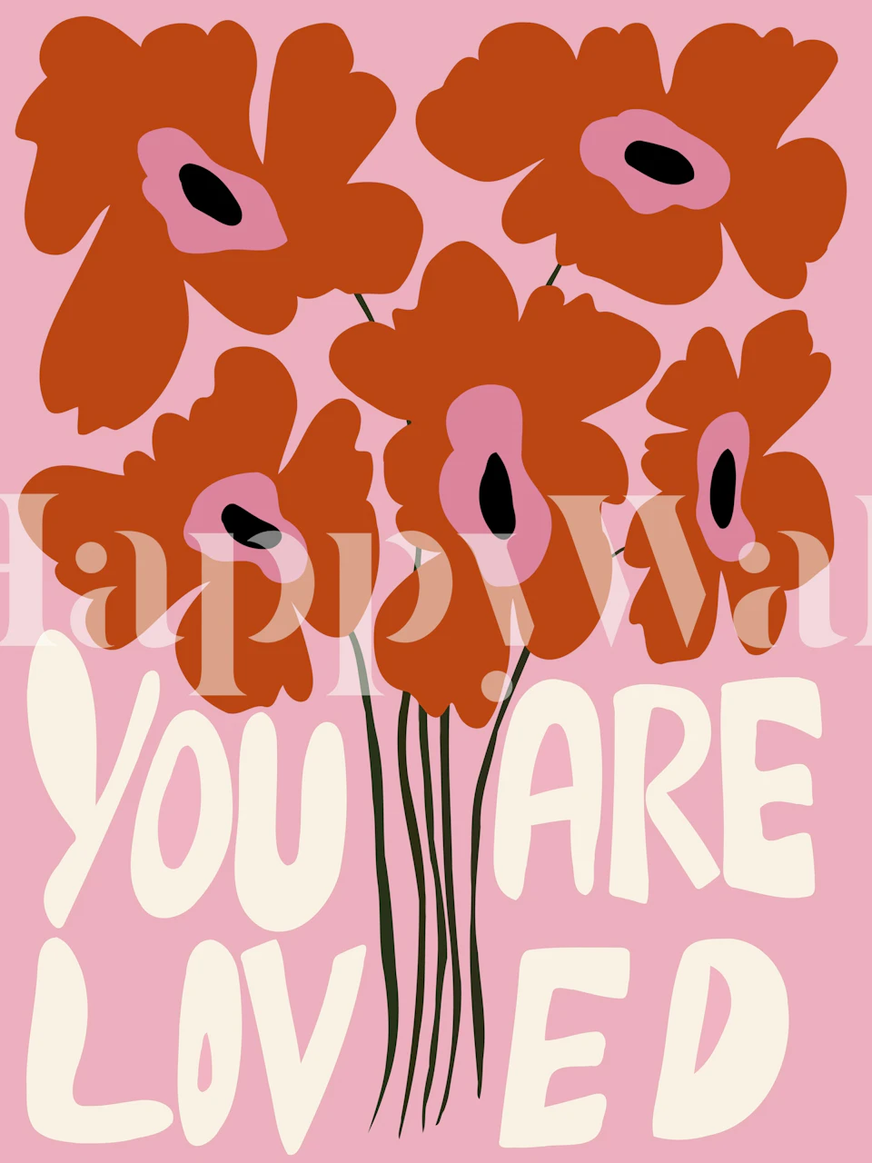 Pink room with red-orange floral text wallpaper