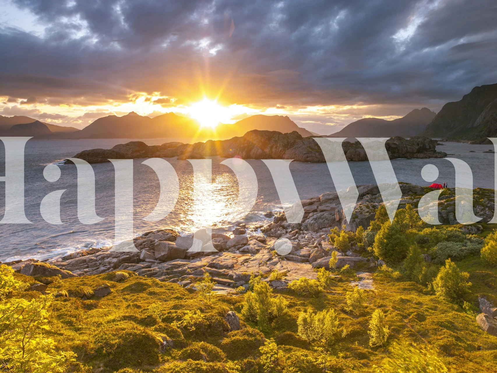 Golden fjord sunset wallpaper in a living room