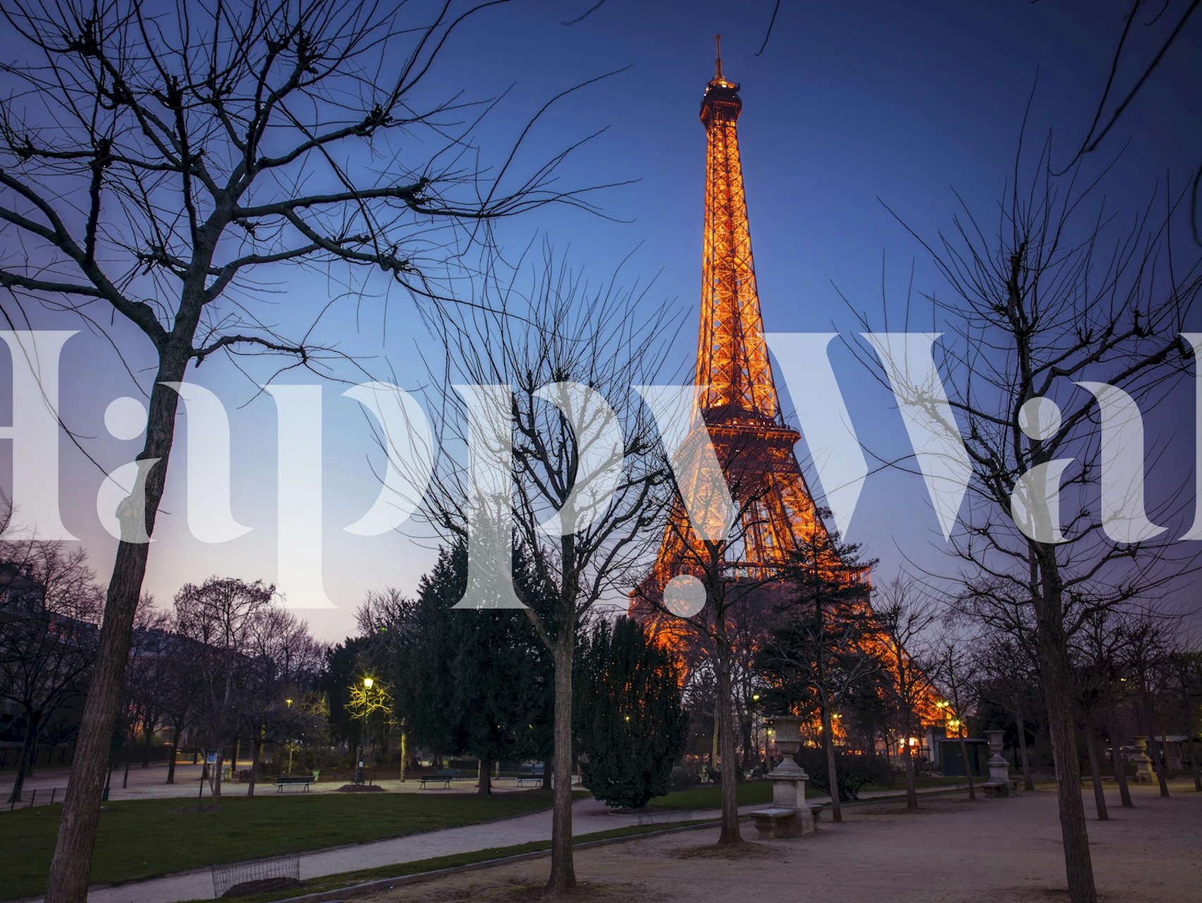 Paris tower wallpaper in a room at dusk