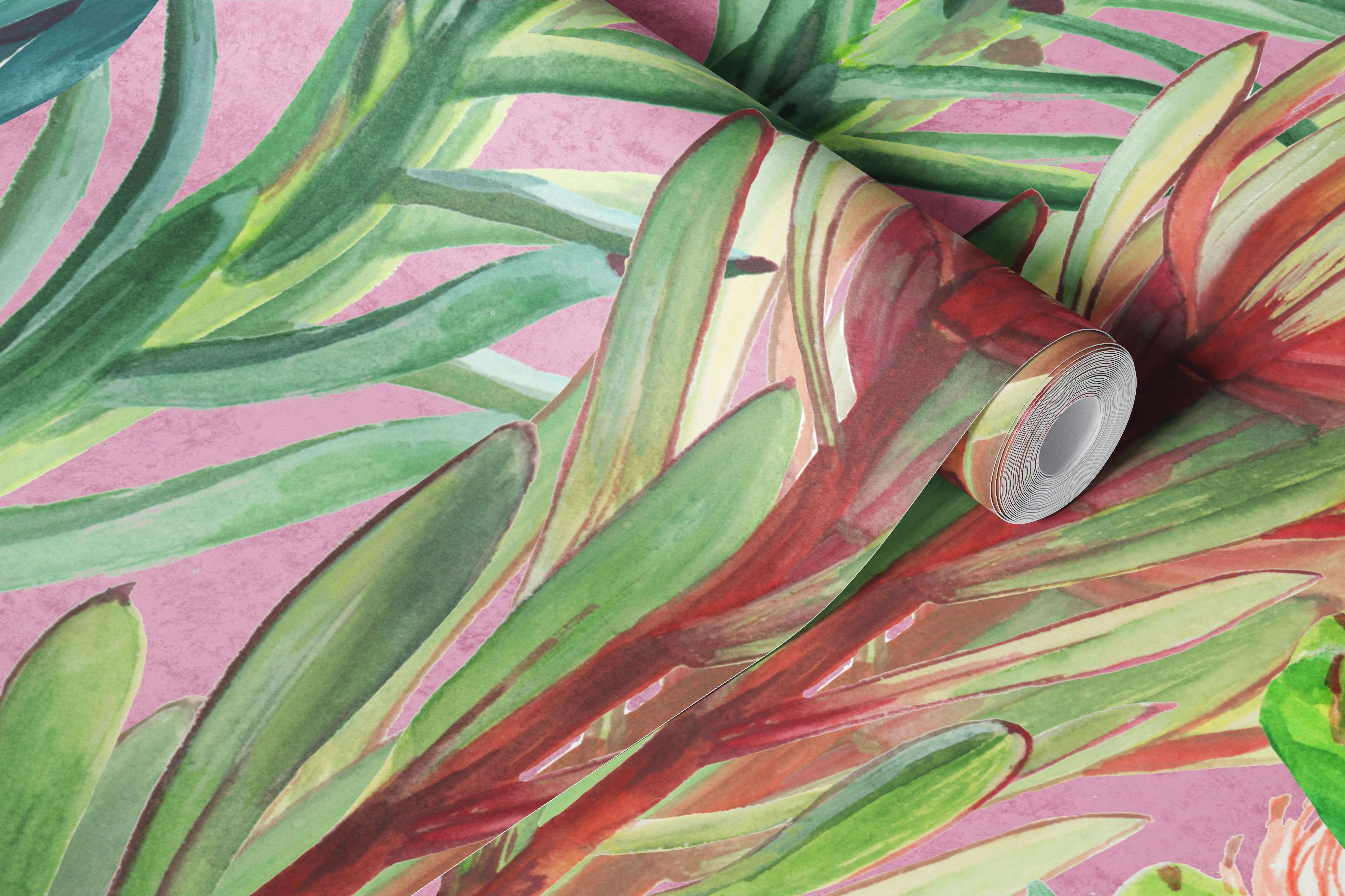 Aquarell-Tapete mit heimischen Blumen in einem rosa Zimmer