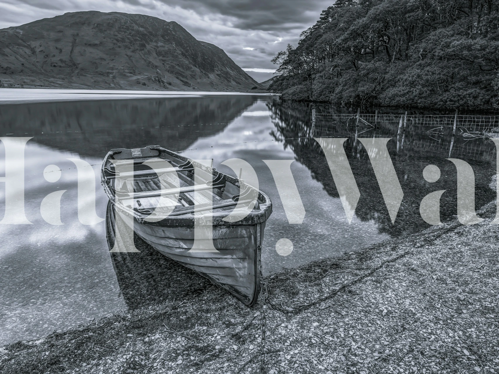 Monochrome lake wallpaper with boat in room