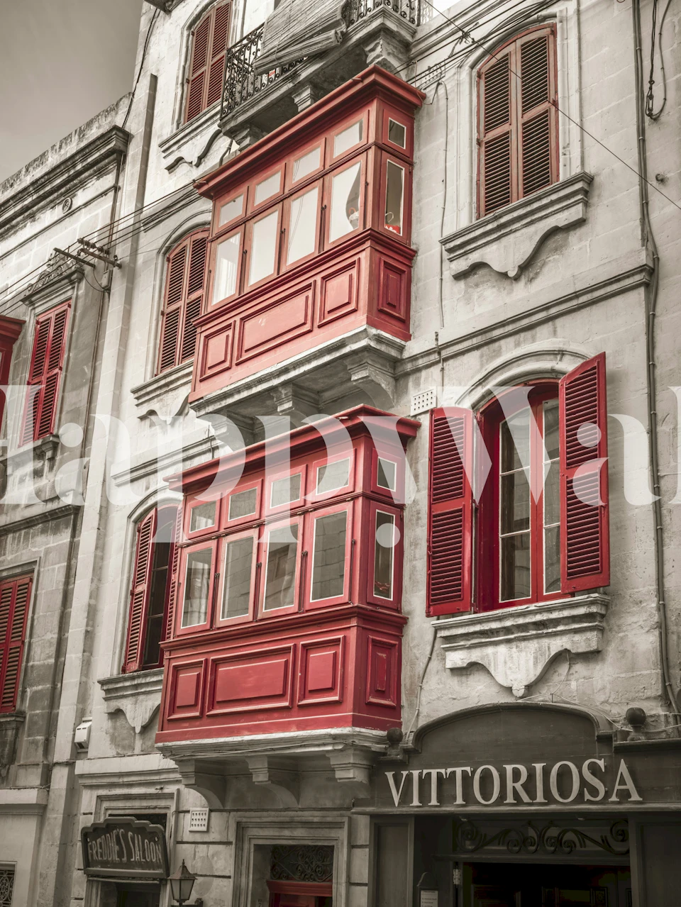 Red balcony window wallpaper in a room