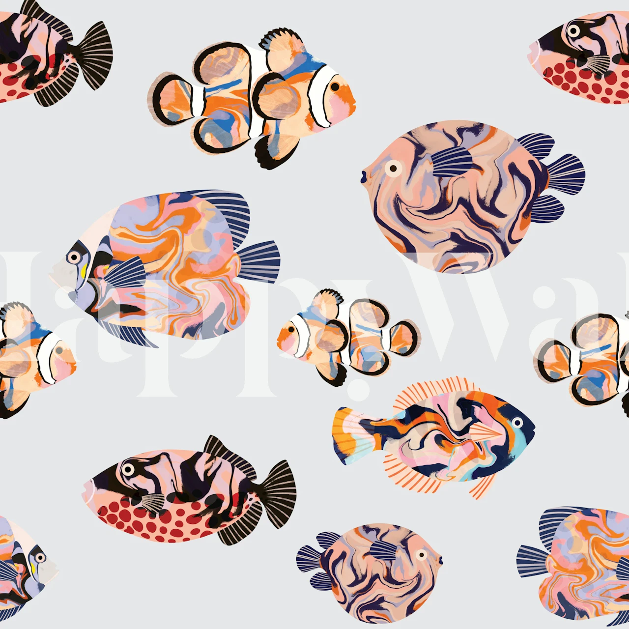 Tropical fish wallpaper in a light gray room
