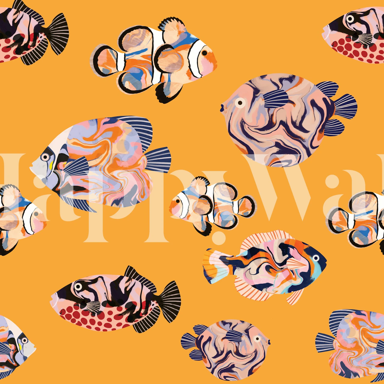 Tropical fish wallpaper in a room with orange pattern
