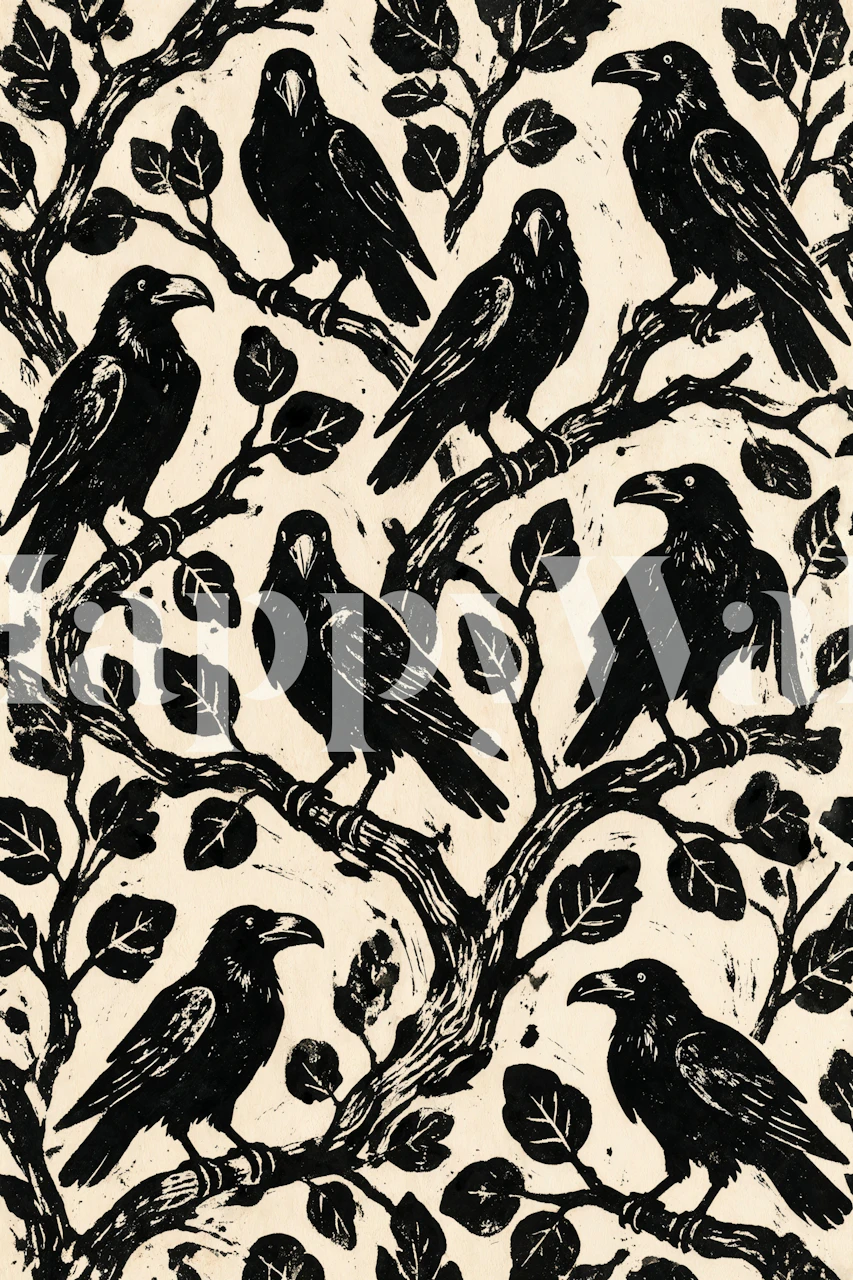 Black raven botanical wallpaper in a room