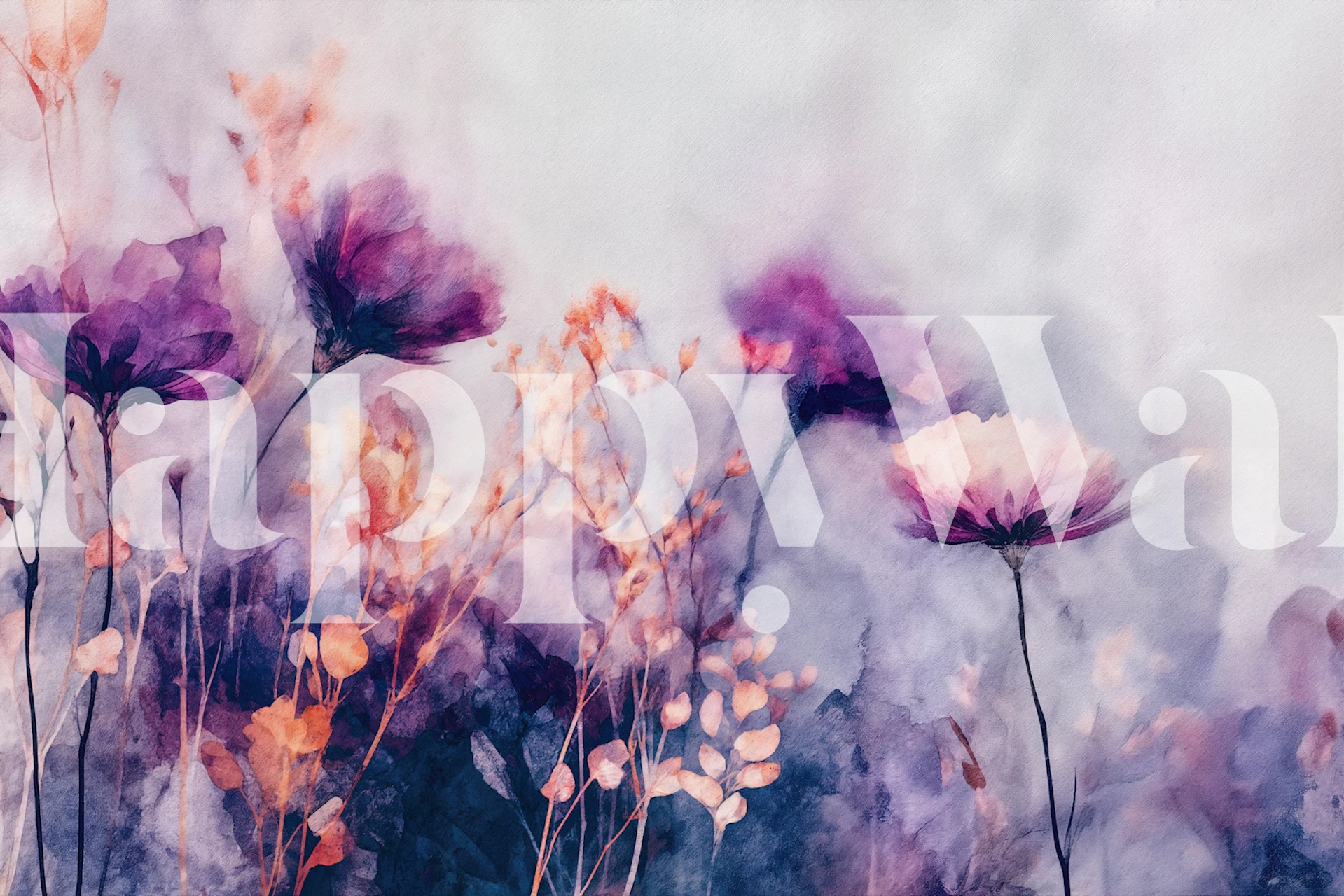 Purple watercolor poppy wallpaper in a room