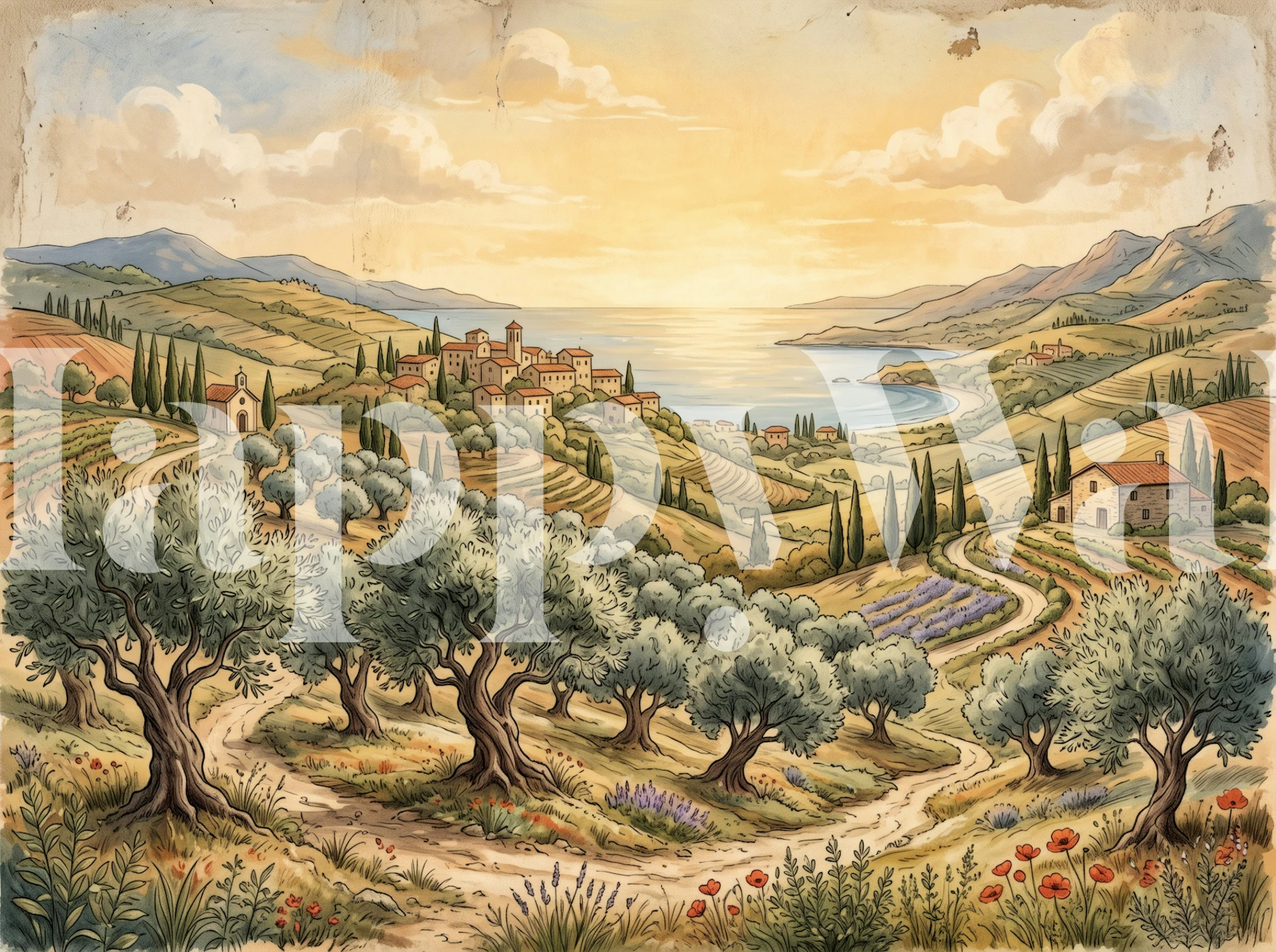 Tuscan village sunset wallpaper in a living room