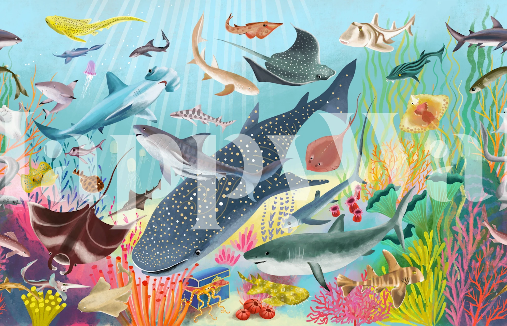 Shark ocean wallpaper in a kids room