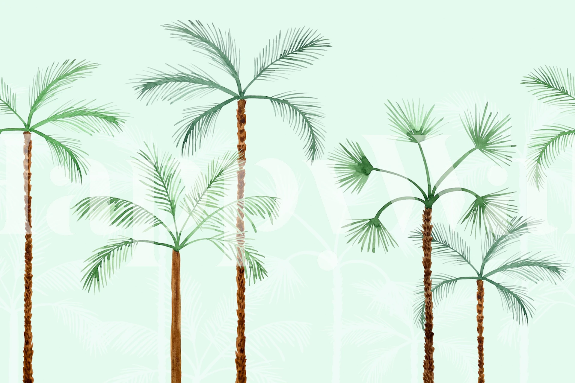 Palm tree wallpaper in soft mint room setting