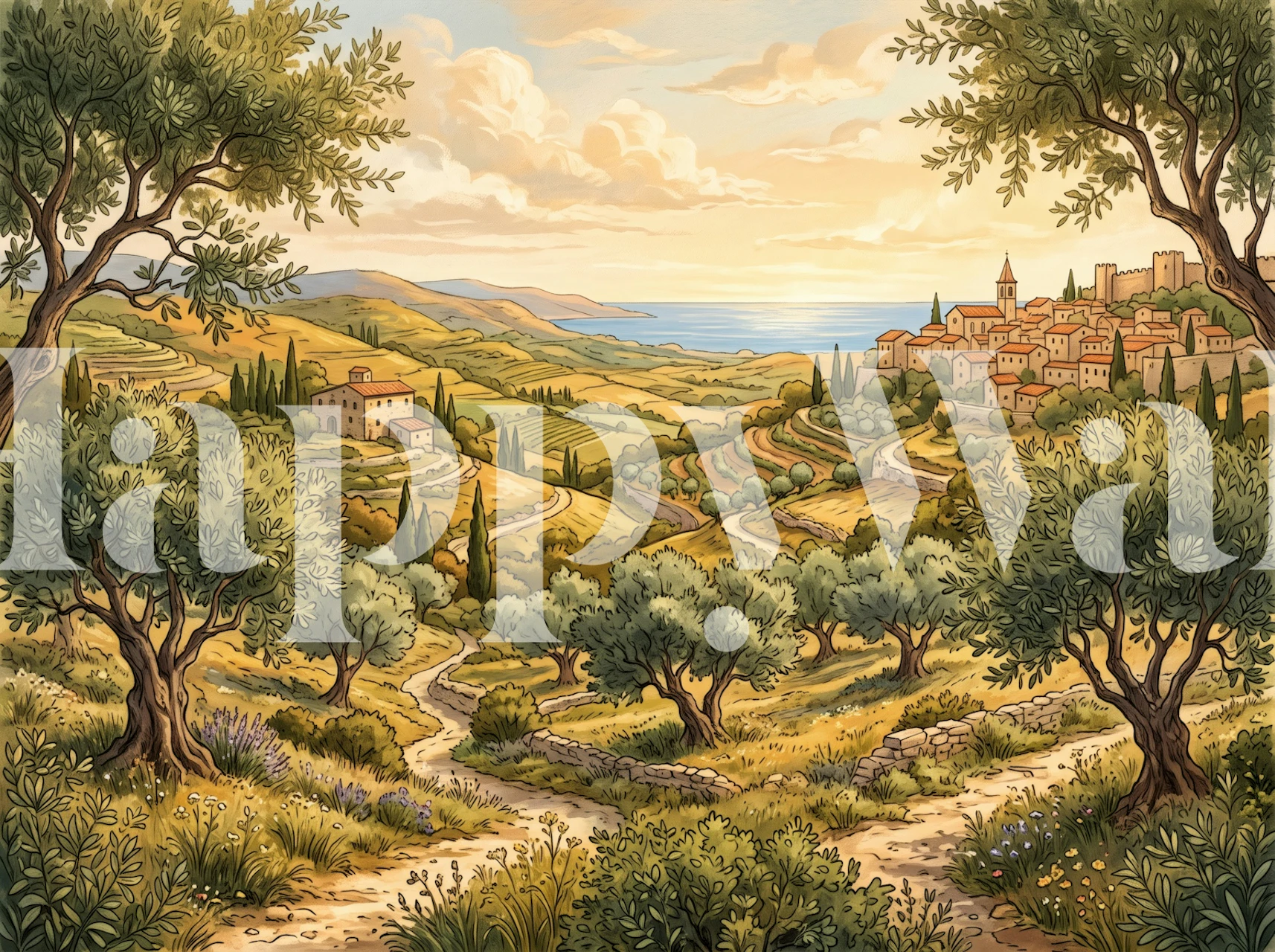 Mediterranean olive grove wallpaper in a room