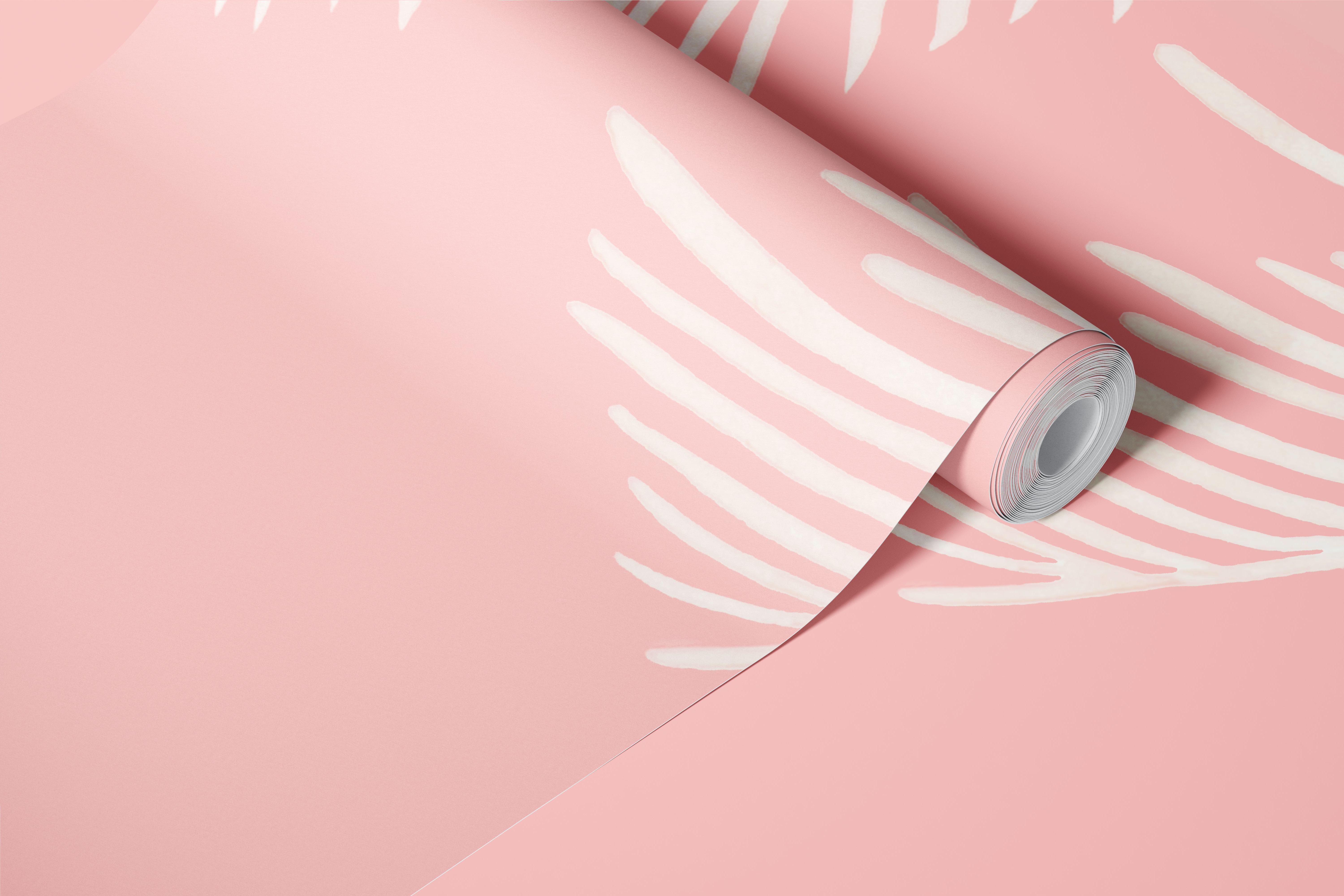 Blush pink room with white palm leaf wallpaper
